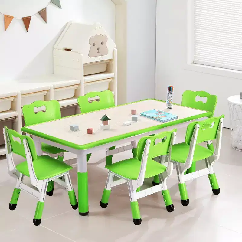 Kids Table and 6 Chair Set - Height Adjustable Multifunctional Desk, Ergonomic Chairs, Max 300lbs, Suitable for Ages 2-10, Home, Classroom, Daycares