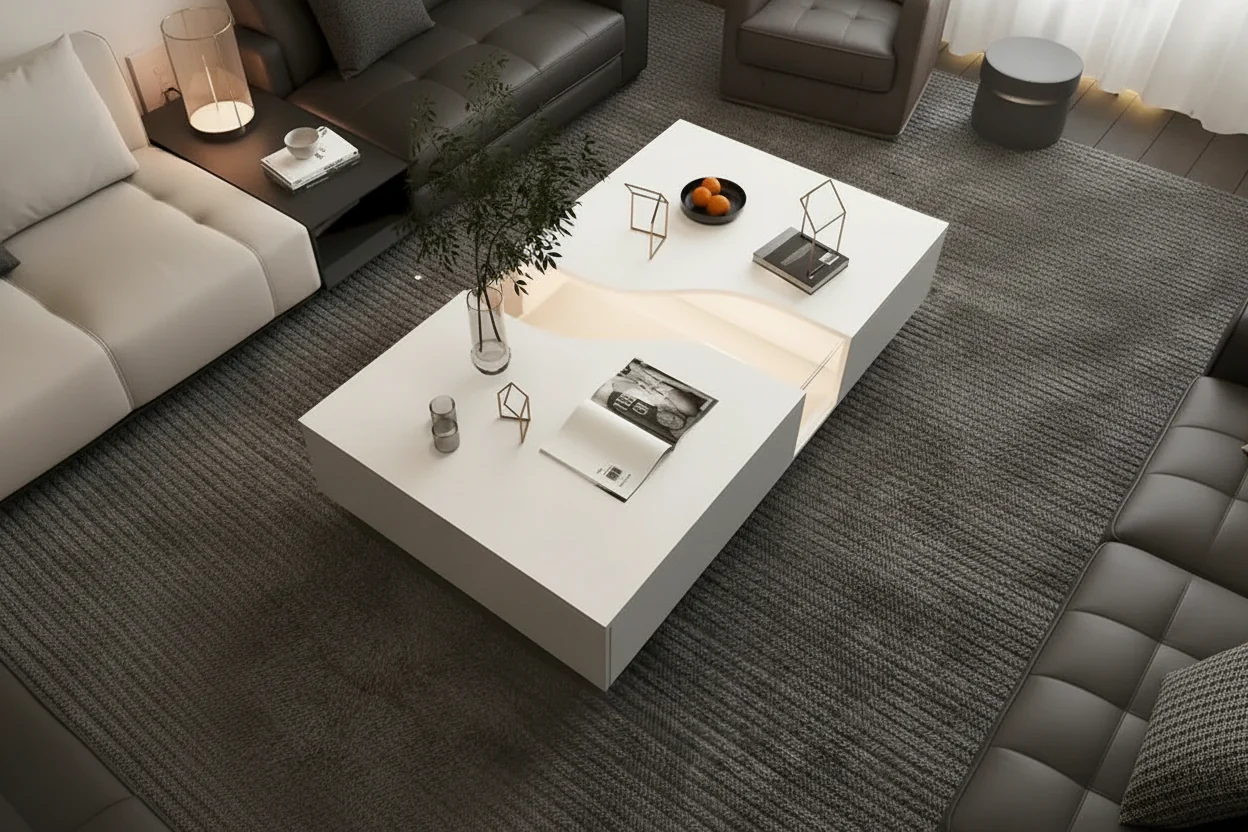 Storage Masterpiece Contemporary White Coffee Table Colorful LED Edge - 55.1W