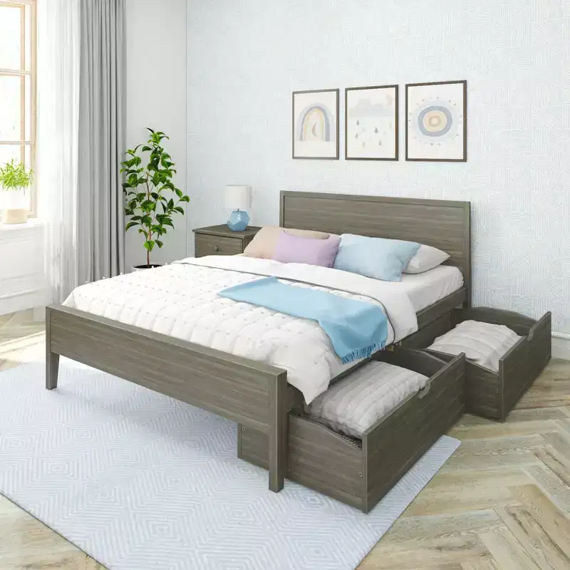Max & Lily Queen Bed with Storage Drawers, Solid Wood Bed Frame with Panel Headboard, Wood Slat Support, No Box Spring Needed