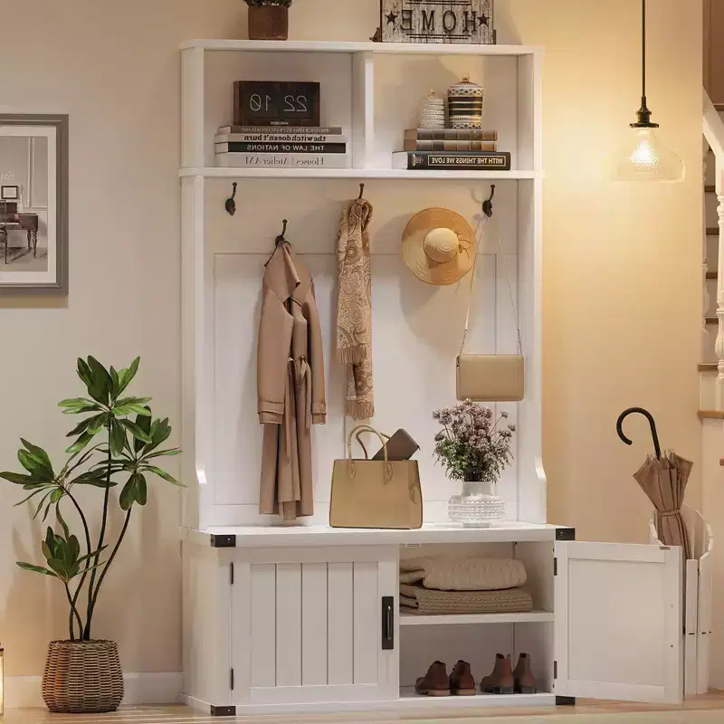 76 Inch Hall Tree with Bench and Shoe Storage, 4-in-1 Entryway Organizer with Coat Rack, 5 Hooks and Adjustable Shelf