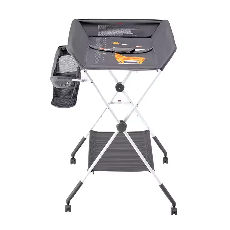 Foldable Baby Changing Table with Side Basket, Lockable Wheels and Storage Organizer, Dark Gray
