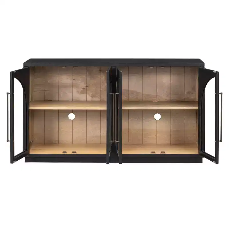 Merax 4-Door Retro Style Arched Glass Storage Buffet Cabinet with Adjustable Shelves