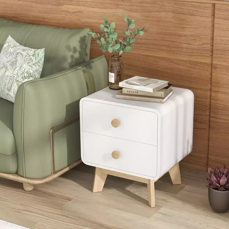 Costway 1/2 PCS Nightstand Mid Century Modern Bedside Table with 2 Drawers Solid Rubber Wood Legs White