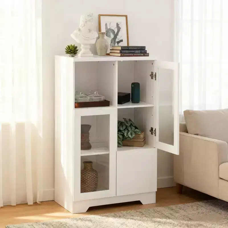 Homy Casa Decorative Storage Cabinet with Glass Doors and Open Shelves for Kitchen or Living Room, White