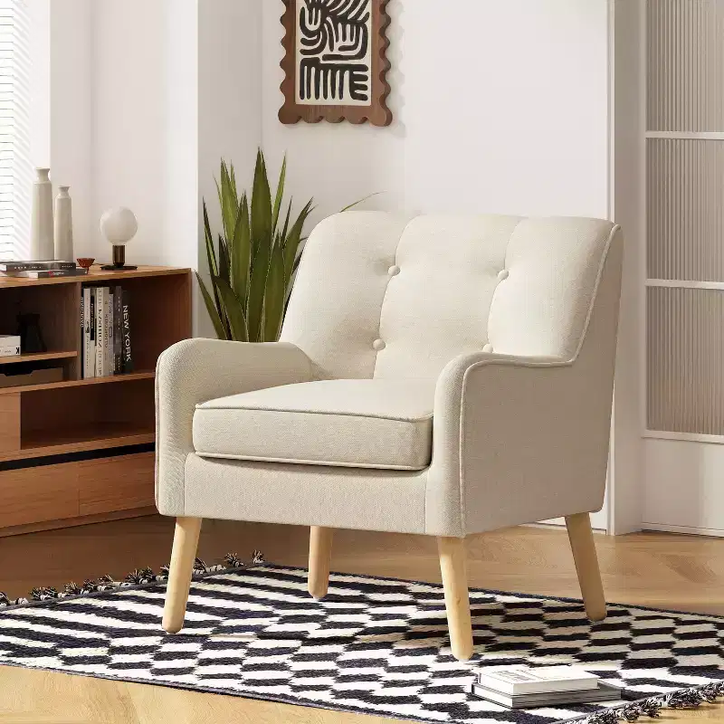 Okak Fabric Accent Chair Button-Tufted Club Chair with Comfy Upholstered Elegant Armchair with Birch Wood Legs for Living Room Bedroom