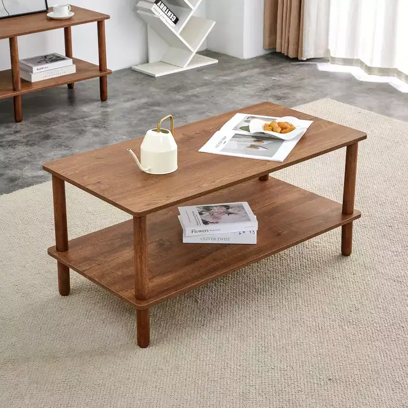 Fun little toys brand Modern 2-Tier Coffee Table for Living Room Furniture,Rectangular Center Table with Open Storage Shelf,Rounded Rubberwood