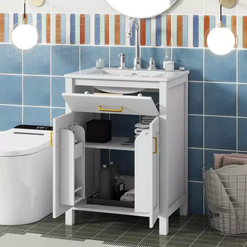 24 Inch Bathroom Vanity with Ceramic Sink, Tip-Out Drawer & Adjustable Shelf, Freestanding Bathroom Cabinet for Small Spaces