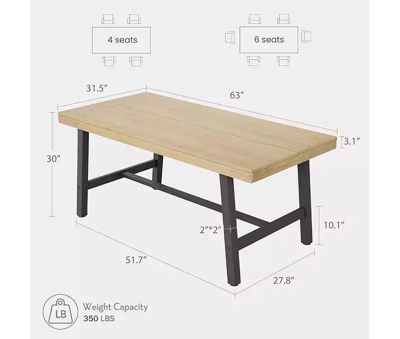 Industrial Dining Table for 6-8 People, Large Wooden Kitchen Table with Sturdy Metal Frame, Long Rectangular Dining Table Seats 6