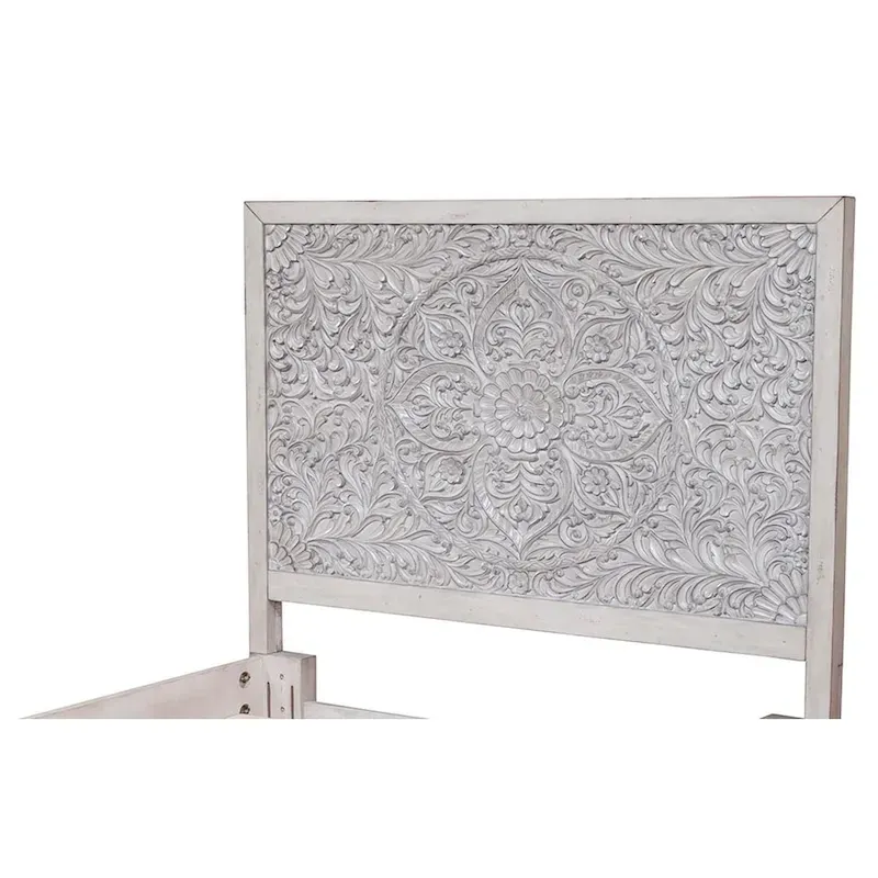 Carved Floral Panel Headboard – Weathered Light Gray, Mahogany & Okume Veneer, Queen / California King