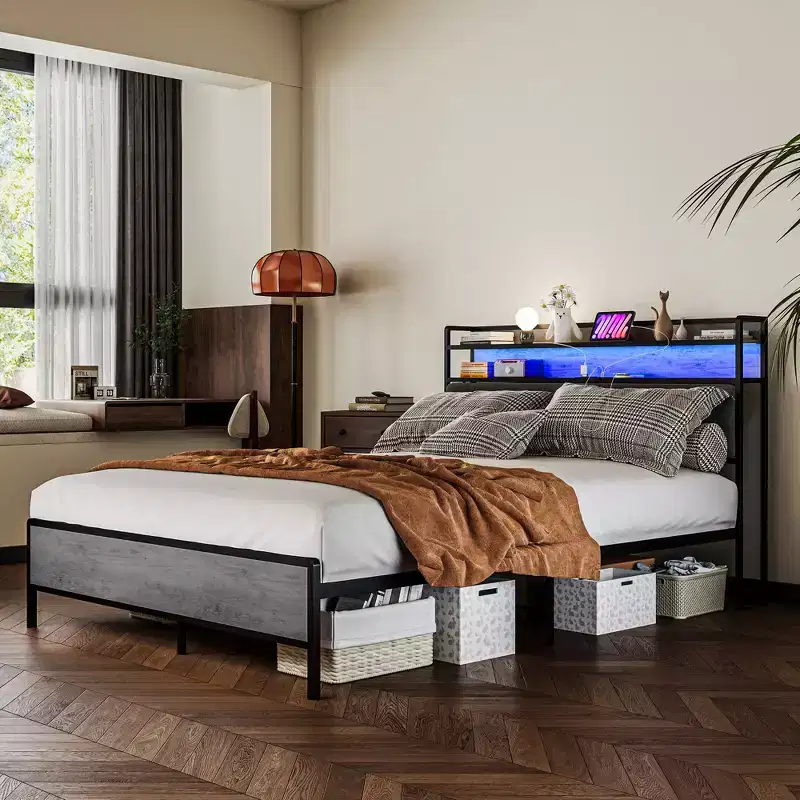 HOMCOM Bed Frame with Storage Headboard, Platform Bed Frame with LED Lights, Charging Station, Noise-Free & Easy Assembly, Cement Gray