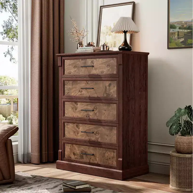 Storage drawers, bedroom five-drawer dresser, farmhouse tall chest of drawers with metal handles, living room, hallway rustic wooden dresser