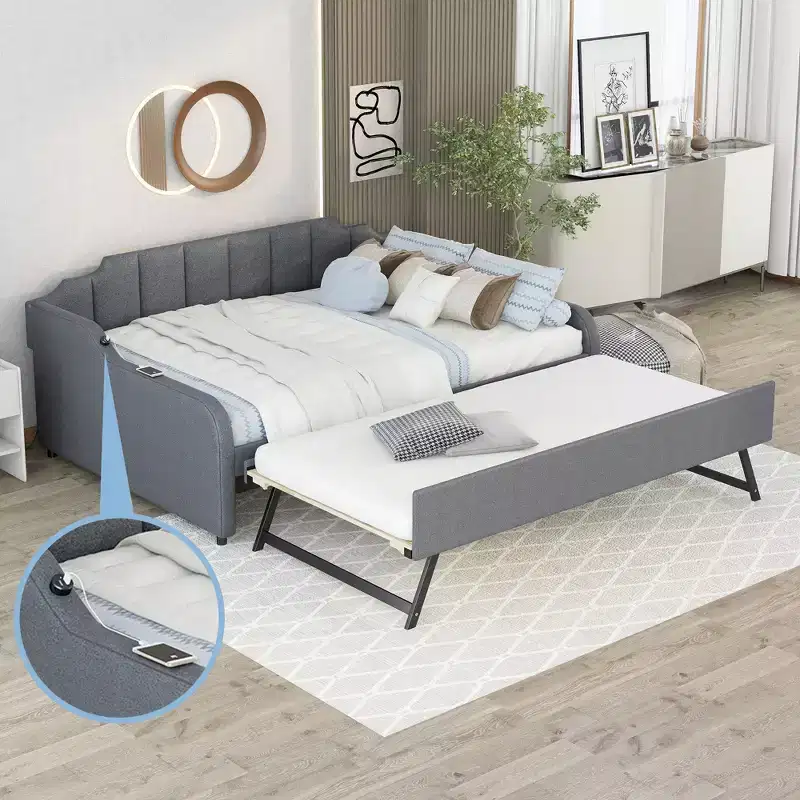 Full Size Upholstery Daybed with Trundle and USB Charging Design, Trundle can be flat or erected, Gray