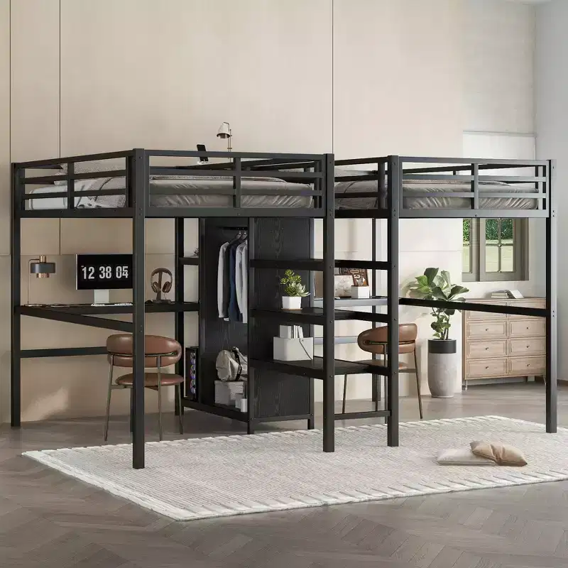 Bellemave Twin Metal Loft Bed with Double Desk, Built-in Outlets, Wardrobe and Storage Shelves, Space-Saving Loft Bed Frame