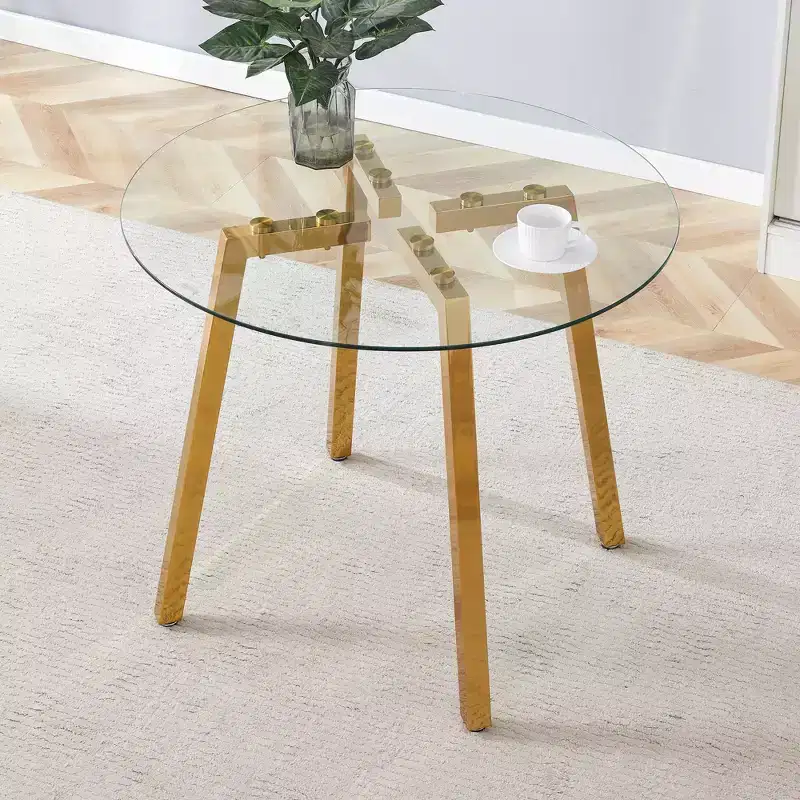 Modern Round Dining Table, Tempered Glass Top, Gold Metal Legs, Seats 4, 36