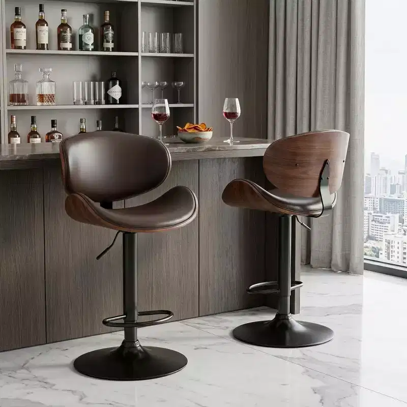 HomeRoots Set of Two Brown and Black Faux Leather Wood And Aluminum Adjustable Height Swivel Bar Chairs