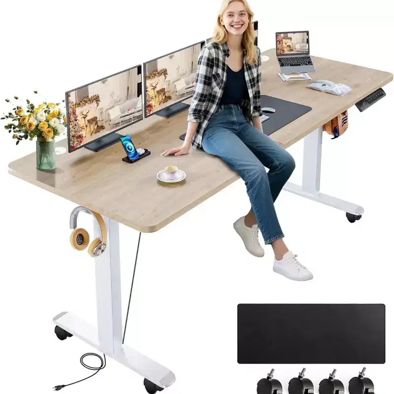 Standing Computer Desk Adjustable Height 63 24 Desk with Outlet Rolling Wheels Dual-Beam Frame Mouse Pad Spliced Desktop