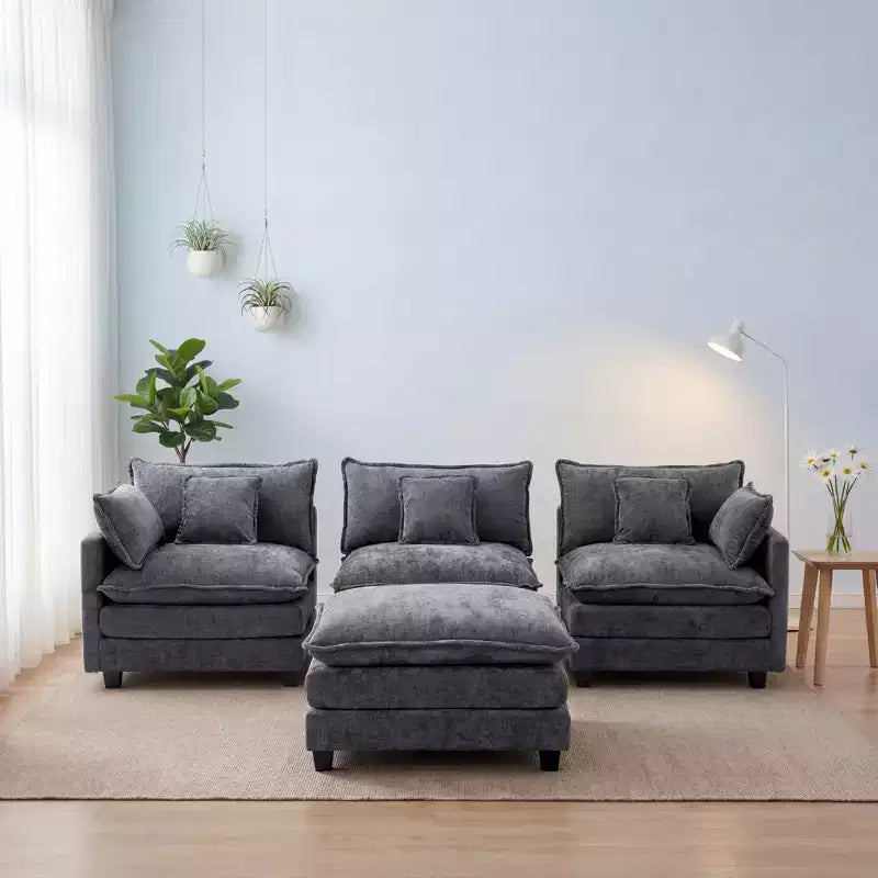 Chenille 3-Seat Sectional Sofa  Modular Deep Seat Sleeper Couch with Ottoman & Side Pocket