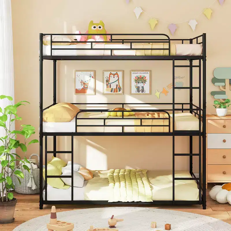 Heavy-Duty Full Over Full Over Full Metal Triple Bunk Bed with Dual Ladders