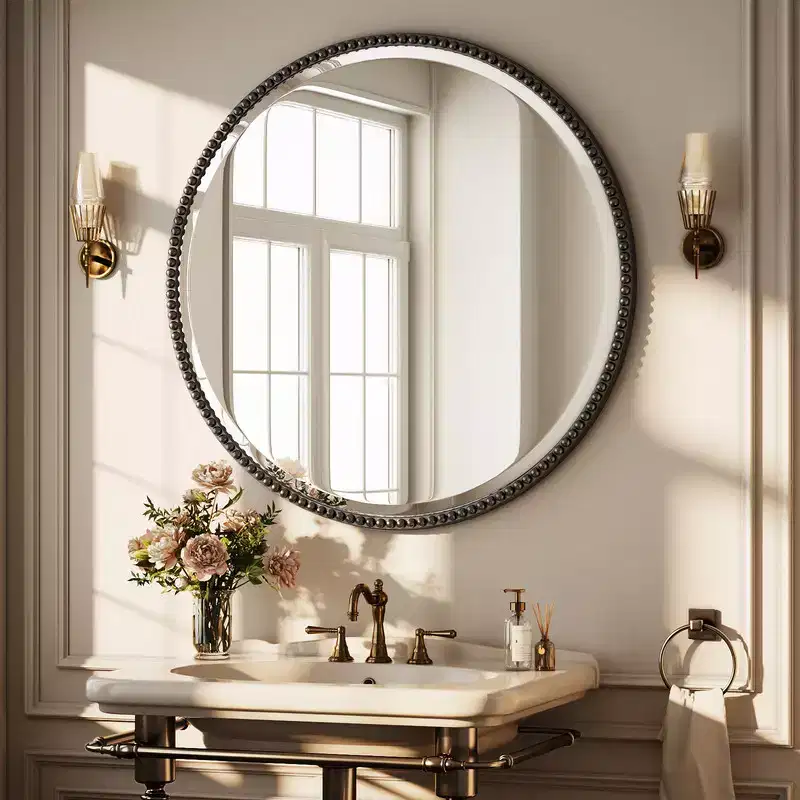 Beaded Round Wall Mirror - Decorative Vanity Bathroom Mirror with Resin Frame