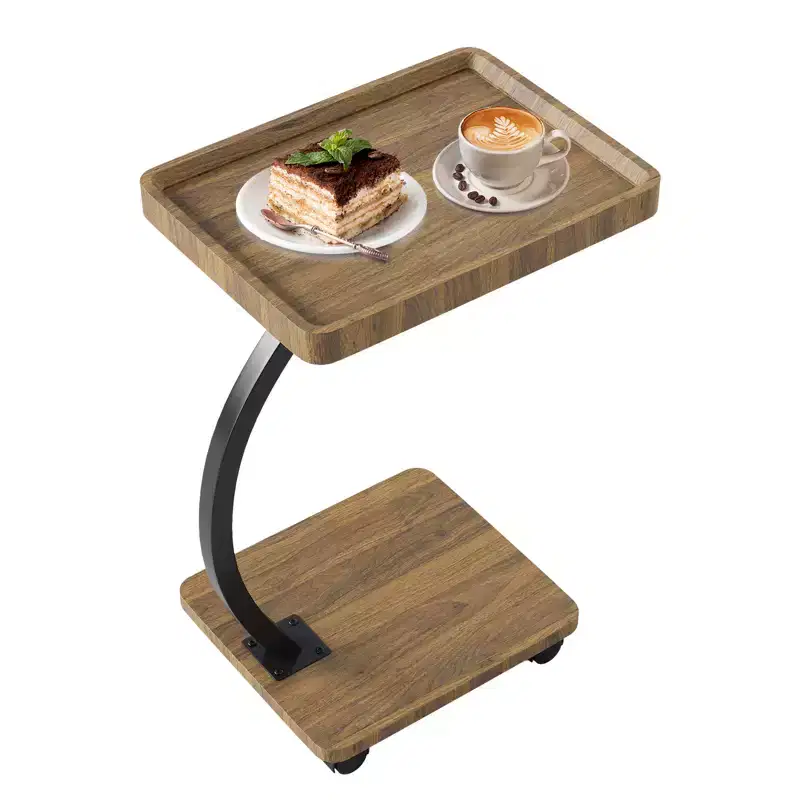 End Table with Rolling Wheels, C Shaped Side Table for Couch, TV tray Table with 2-layer Storage Shelves for Small Spaces, Living Room