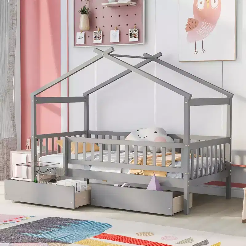 Twin Size House Bed Frame with Two Drawers and Guardrails, Wooden Kids Platform Bed, Gray