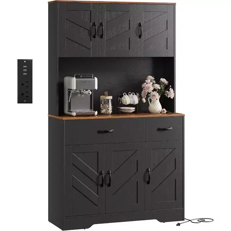 Acekool White 71 Kitchen Pantry Cabinet with Charging Station, Drawer & Adjustable Shelves, Farmhouse Storage for Dining or Living Room