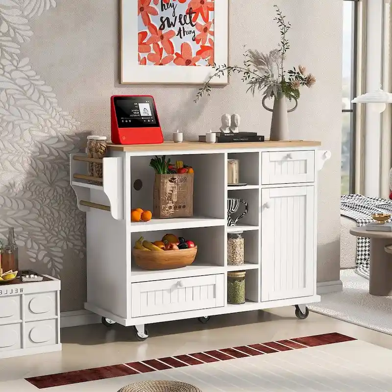 Kitchen Island Cart with Wheels,Storage Cabinet, Solid Wood Desktop