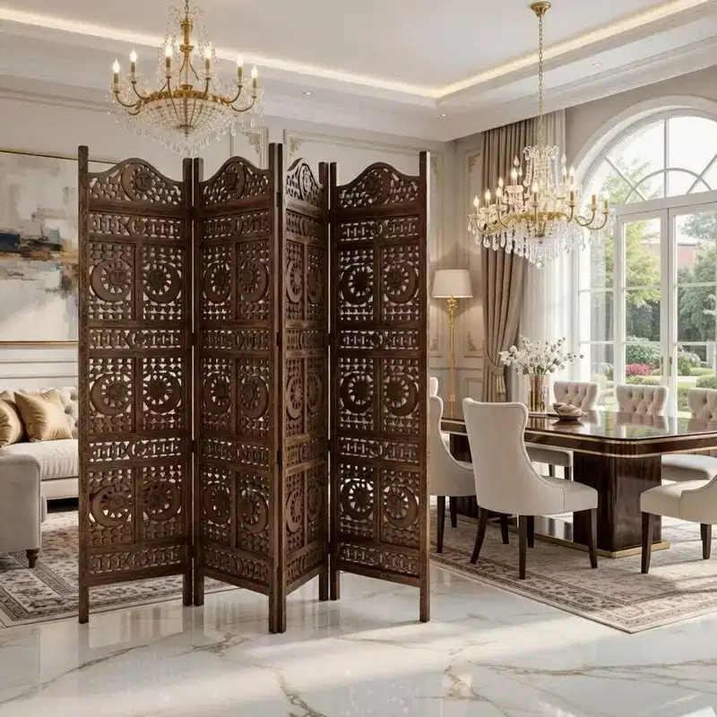 Inch 4 Panel Mango Wood Room Divider, Hand Carved, Sun & Moon Design, Brown