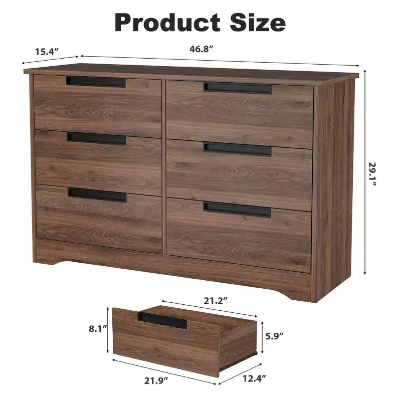 6 Drawer Dresser for Bedroom, Walnut 6 Chest of Drawers with Embedded Handles Design, Wooden Dresser Closet Organizer for Living Room Entryway Nursery