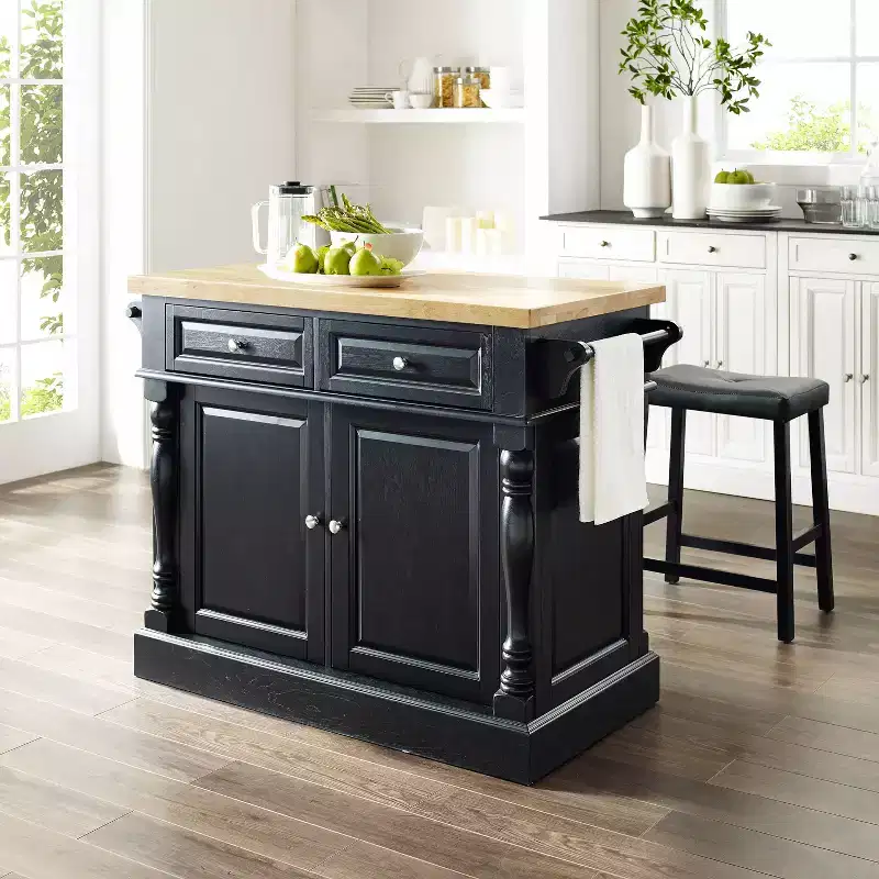 Oxford Kitchen Island with 2 Upholstered Saddle Stools Black - : Pass-Through Storage, Towel Bars, Wood Veneer