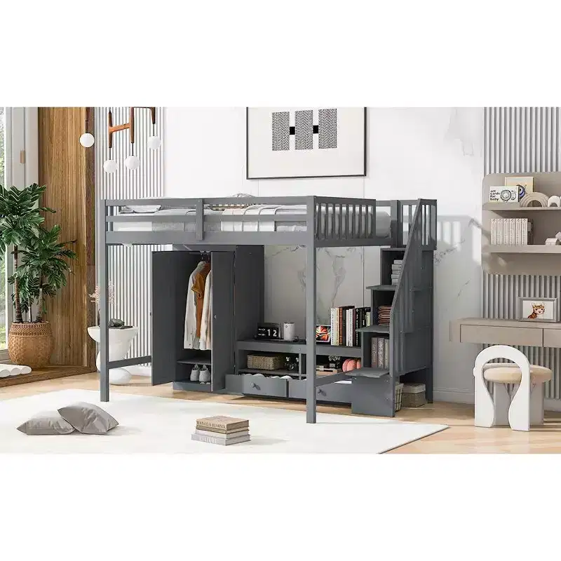Okak Full Size Wooden Bunk Bed with Built-in Wardrobe, Storage Staircase, Loft Bunk Bed with Low Storage Table for Teens, Easy Assemble, White/Gray