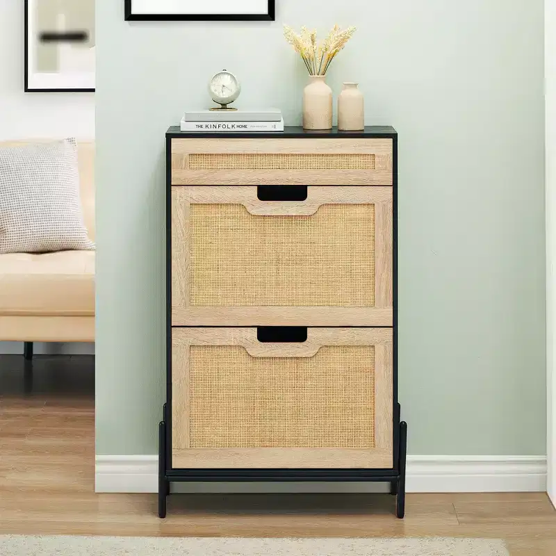 Shoe Cabinet Storage with 2 Flip Drawers and 1 Drawer,Freestanding Rattan Shoe Organizer with 3-Tier Adjustable Shelves for Slippers,Sneakers,Heels