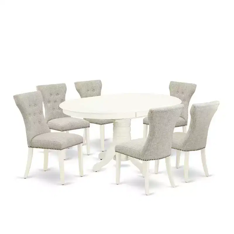 Linen White Oval Extension Dining Table Set, Upholstered Parson Chairs, Seats 6, 7-Piece
