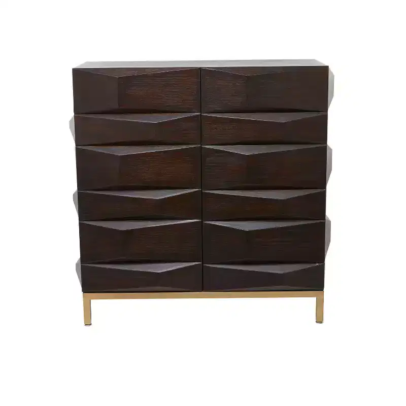 Contemporary Bold Facet Carved Wood Side Cabinet Brown Arched Design, No Assembly Required