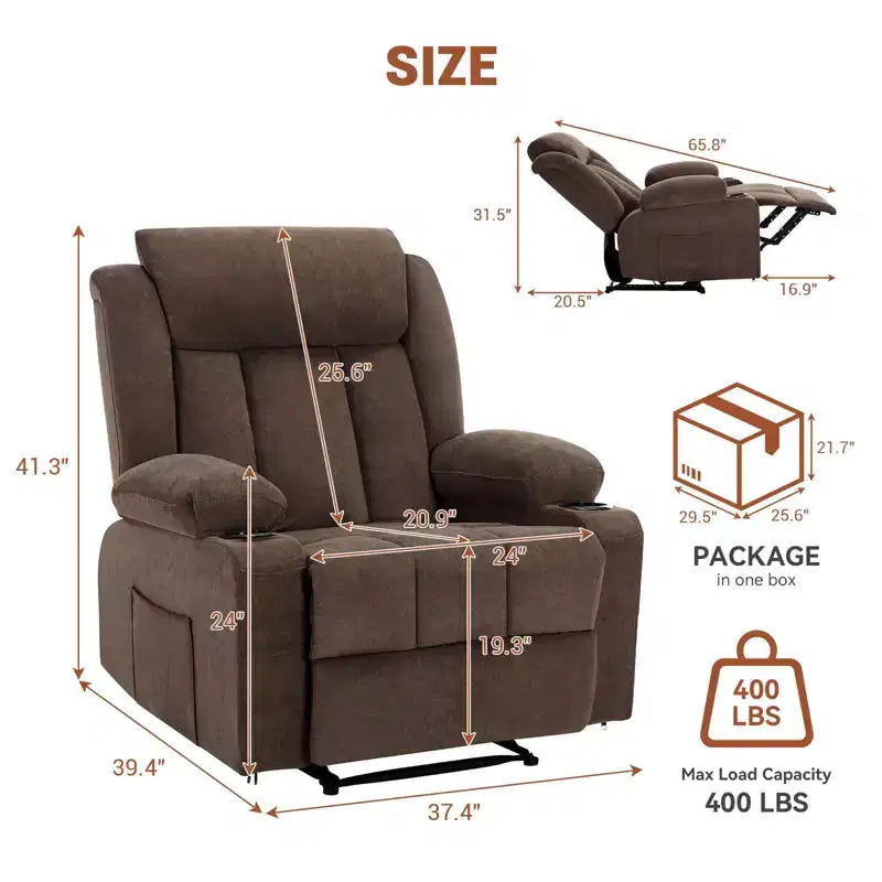 Recliner Chair, Manual Reclining Sofa with Massage and Heat, Comfy Overstuffed Rocking Chair with Side Pockets, Front Pockets and Cup Holde