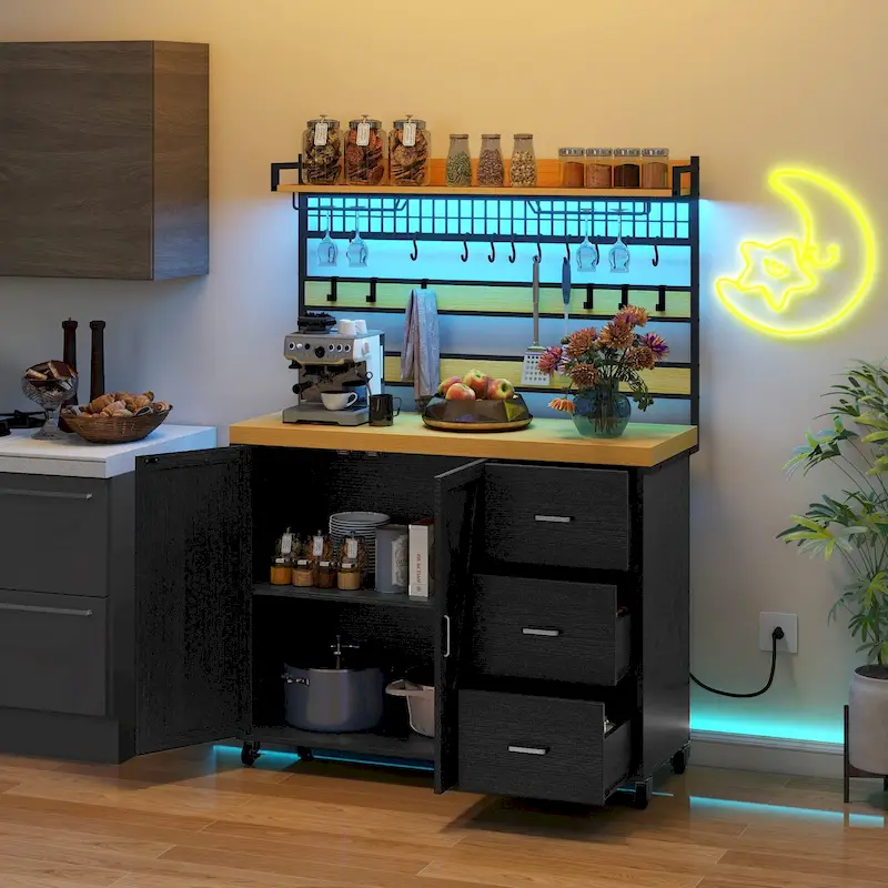 Moasis Large Rolling Kitchen Island Bakers Rack with Power Outlet, LED Light & Tall Shelf