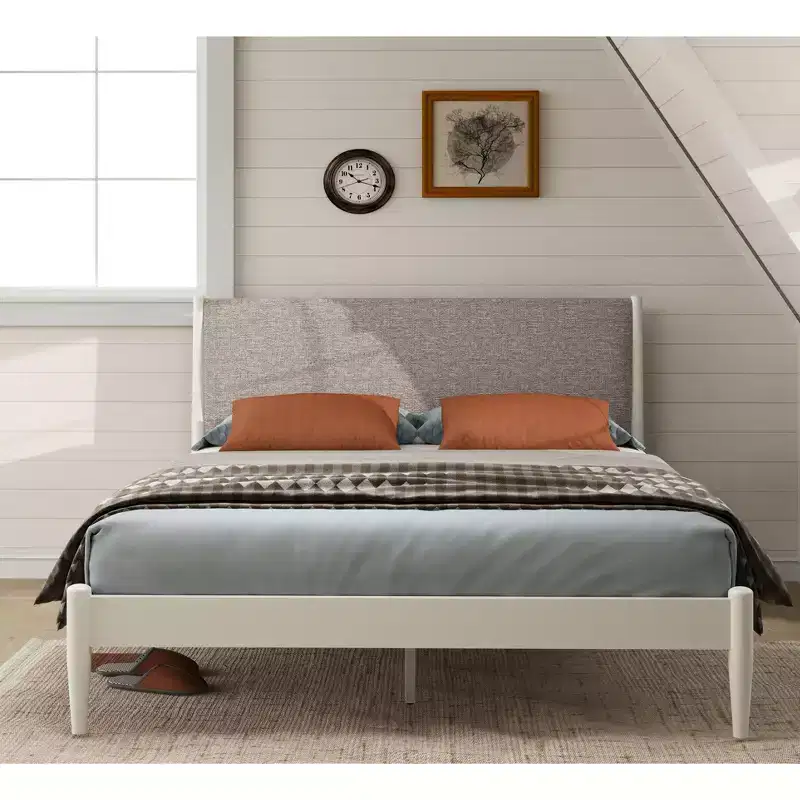 Rubberwood Platform Bed with Upholstered Headboard, Cream White, Queen