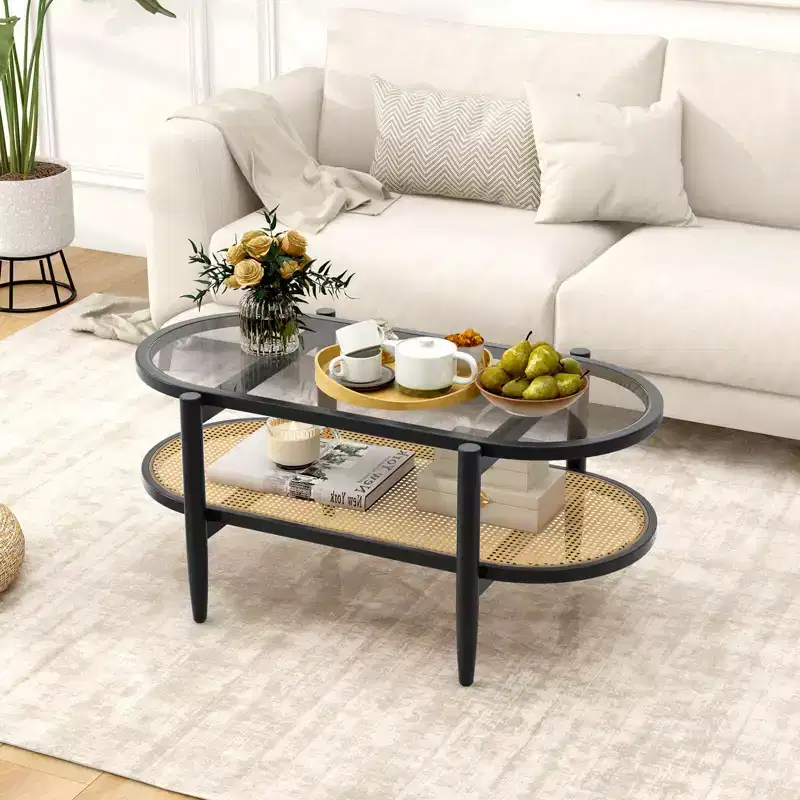Costway 2-Tier Coffee Table Tempered Glass Top with PE Rattan Shelf & Acacia Wood Frame Black/Brown