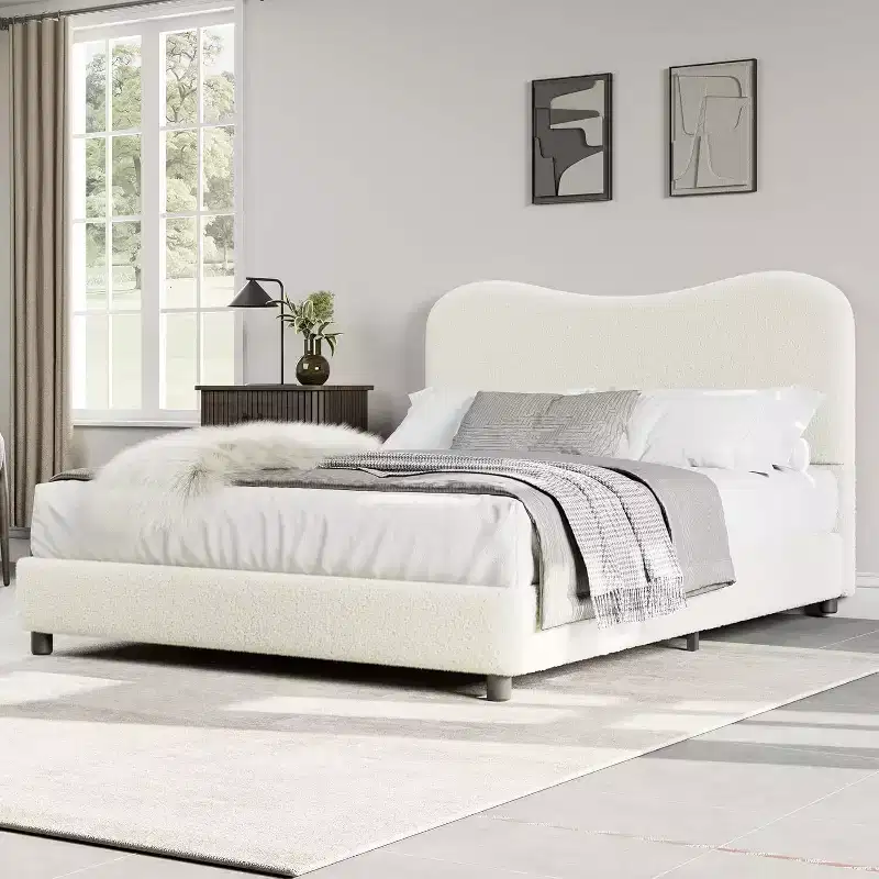 GustoWave Upholstered Boucle Bed Frame with Headboard, No Box Spring Needed