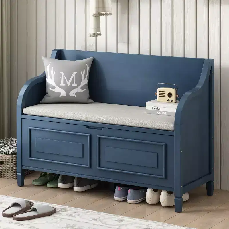 Rustic Style Entryway Multifunctional Storage Bench with Hidden Storage Space and Safety Hinge