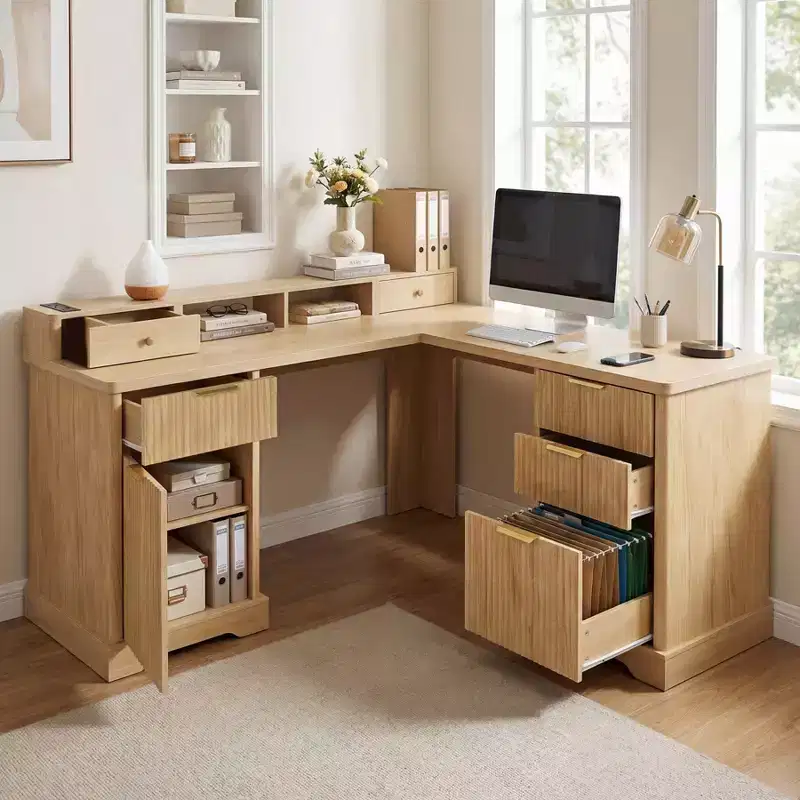 59 Executive Desk, L-Shaped Home Office Desk with Charging Station, Wooden Computer Writing Desk for Study, Conference Table for Living Room