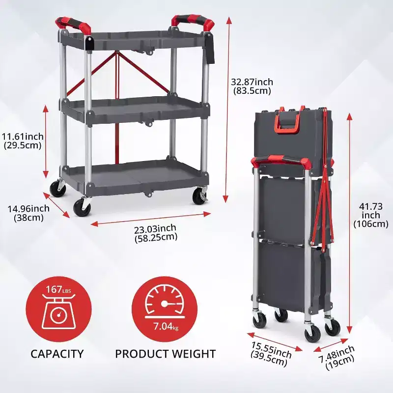 3-Tier Folding Utility Cart, Portable Collapsible Service Trolley with Wheels, 156 lb Capacity, Heavy Duty for Garage & Workshop, Grey