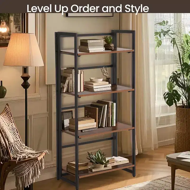 Industrial Bookshelf, Folding Bookcase, 4-Tier Ladder Shelf, Wood Look Accent Furniture with Metal Frame, for Home Office