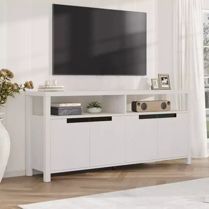 Farmhouse TV Stand for 70 Inch TVs, 63 Long Entertainment Center with 4 Storage Drawer, Television Consoles Table for living room, Bedroom