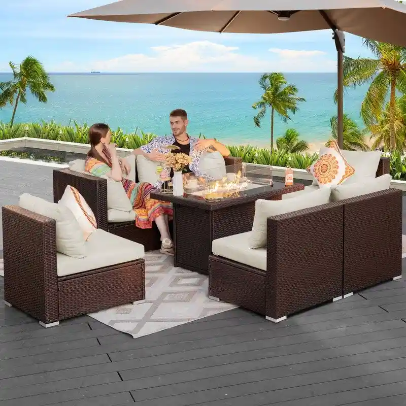 FINCATI Outdoor 7-piece Extra Large High Back Patio Furniture Set with Propane Gas Fire Pit Table, Conversation Wicker Couch Set