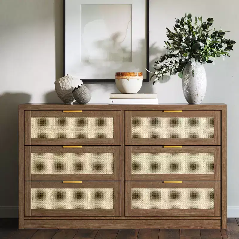 53 Rattan 6-Drawer Dresser  Arched Cabinet. Deep Storage. hard Wood Frame  Light Wood. for Bedroom or Living Room