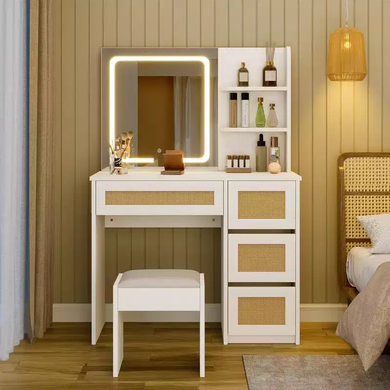 Vanity Desk, Makeup Vanity - Rattan Table with Adjustable LED Light & Mirror, 4 Drawers, 2-Tier Open Shelves, Large Storage for Bedroom (White)