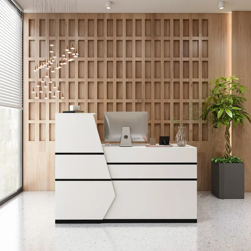 White MDF Reception Desk with Hutch, 1 Lockable Drawer, 1 Door and Keyboard Tray for 1 Person