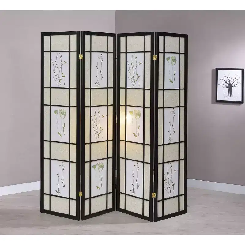 4 Panel Room Divider Border Cherry - Ore International: No Assembly, 70" x 60" Black Botanical Print