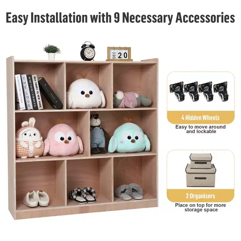 8-Cubby Mobile Entryway Storage Cabinet, 2 Storage Bins, Smooth-Rolling Casters, Wooden Organizer Locker for Home, School, Daycare